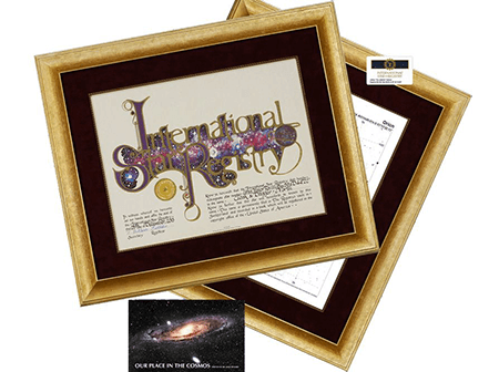 An exquisite framing option. Name a star and receive the Star Registry certificate in this elegant frame with a matching framed star chart.